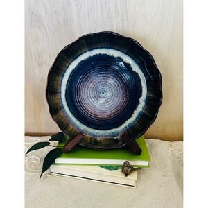 Studio Pottery Reactive Glaze Scalloped Bowl Blue Purple Amber French Country